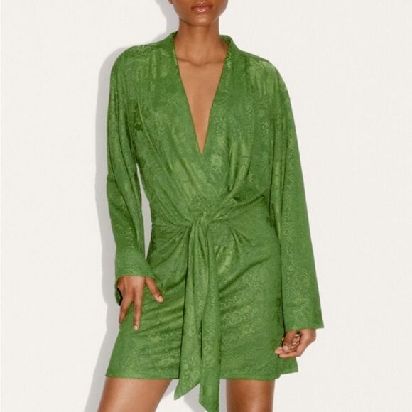 ZARA jacquard dress green ties wrap blogger favorite large L - Picture 13 of 13